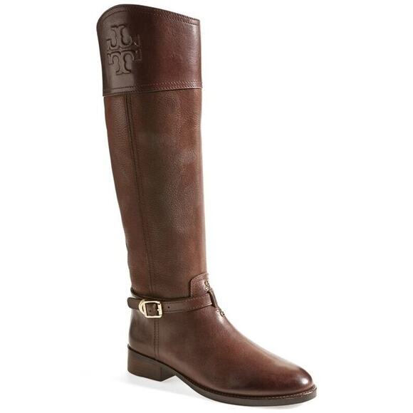 Tory Burch Brown Leather Simone Logo Embossed Riding Boots  New Sz 5.5 - Picture 10 of 10